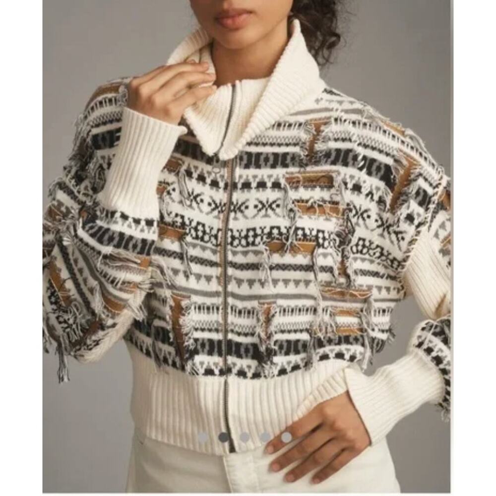 Anthropologies Pilcro Fringe Distressed novelty sweater full zip jacket sz L